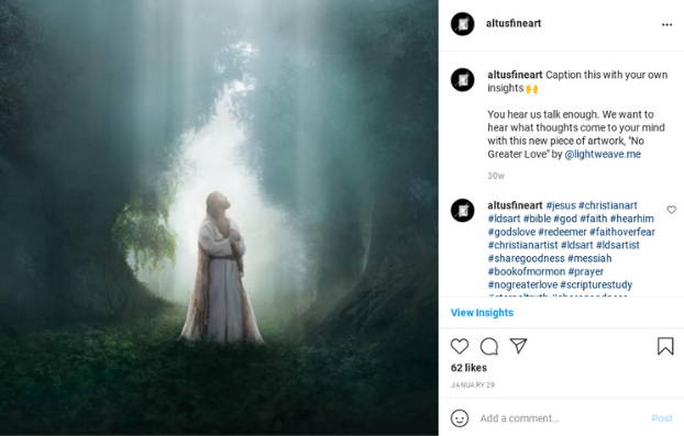 Instagram post featuring a picture of Christ standing in the Garden of Gethsemane and looking toward Heaven.
