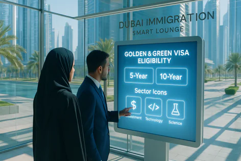 Man and woman view screen on Dubai Immigration Golden & Green Visa eligibility, showing 5-Year, 10-Year options, and Investment, Technology, Science sectors. Dubai city view behind.