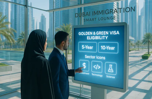 Man and woman view screen on Dubai Immigration Golden & Green Visa eligibility, showing 5-Year, 10-Year options, and Investment, Technology, Science sectors. Dubai city view behind.
