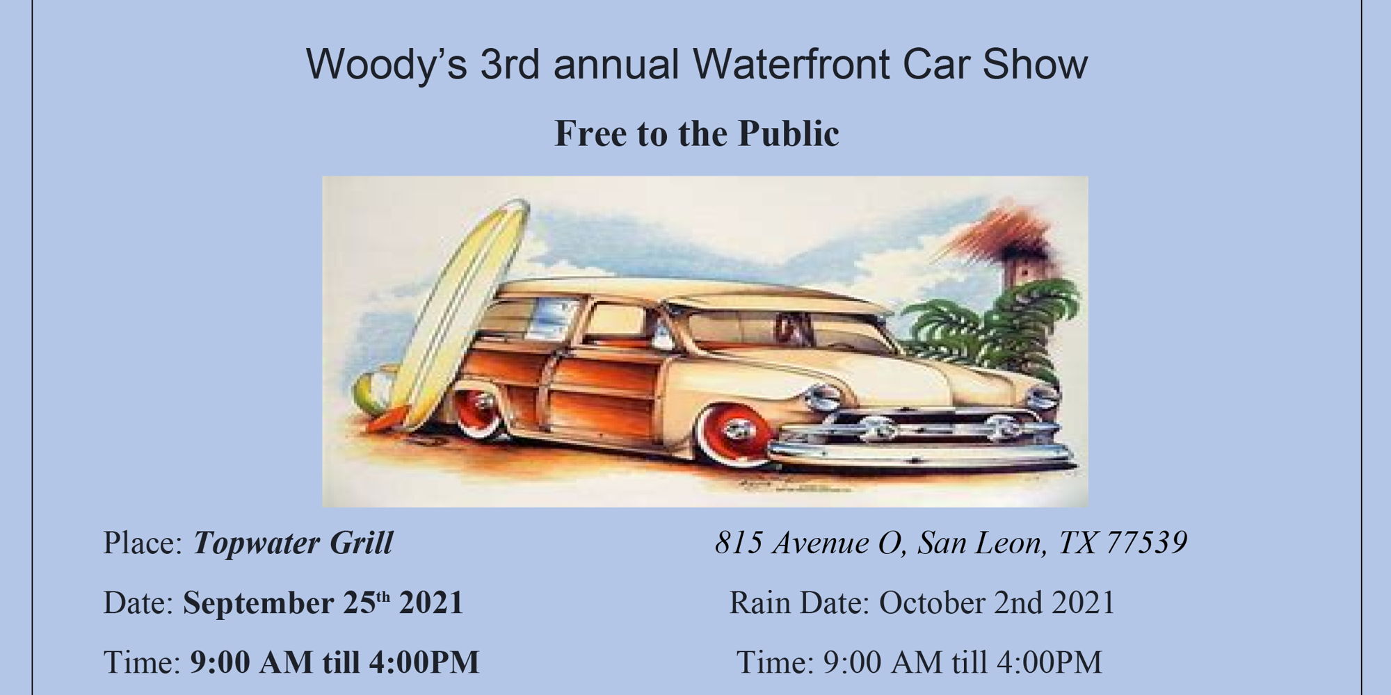 Woody’s 3rd annual Waterfront Car Show promotional image