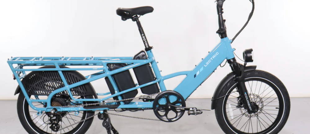a blue Lectric XPedition2 Dual-Battery electric cargo bike
