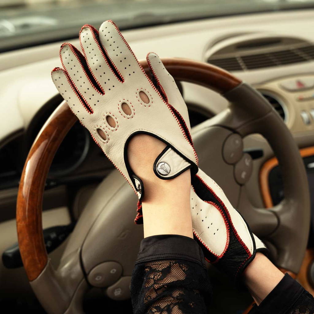 Mercedes red white driving gloves