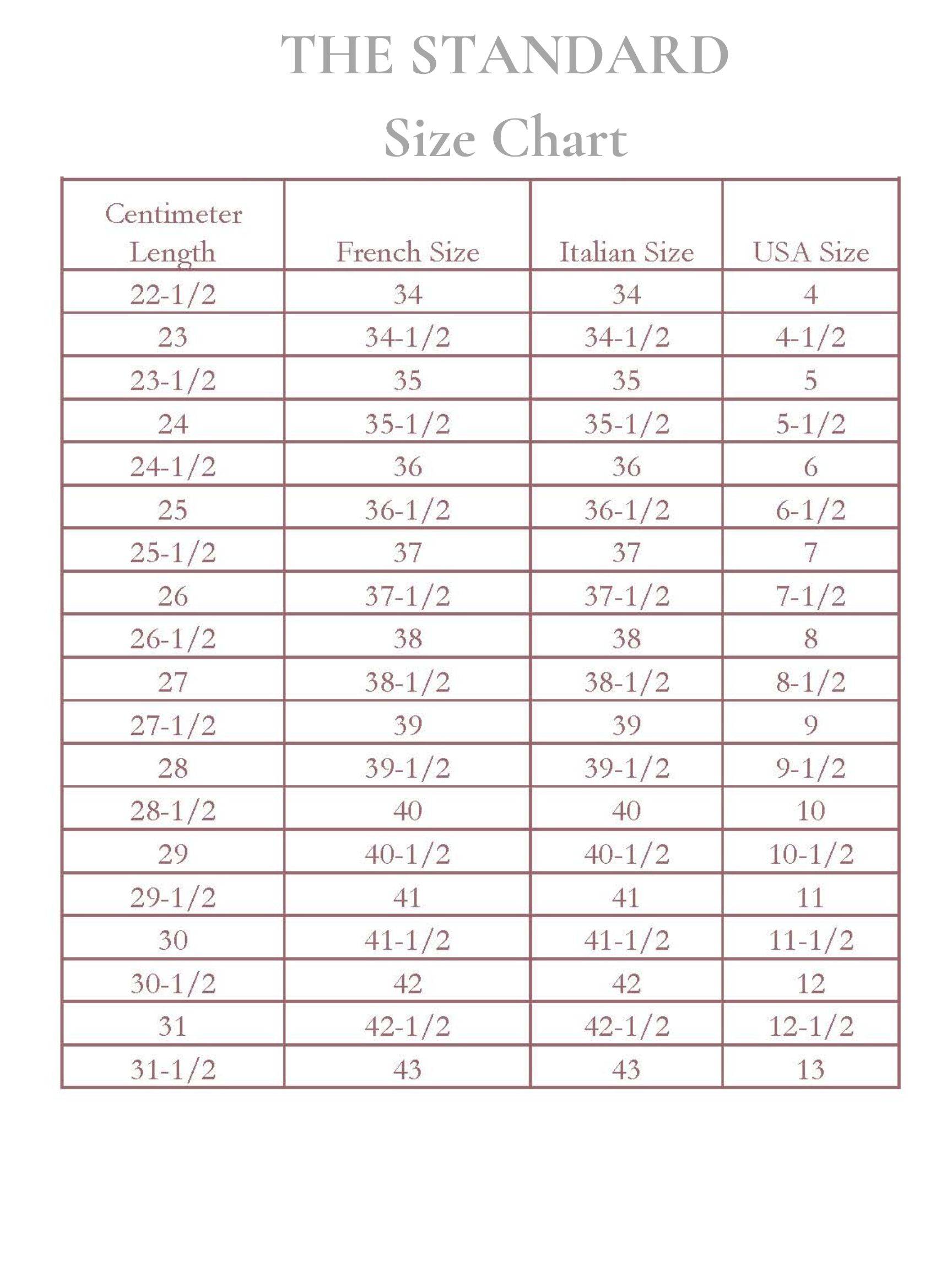 The Standard Shoes Size Chart -French, Italian, and USA Standard Sizing