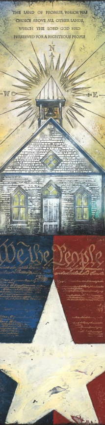 Patriotic artwork of a church and the constitution with various textures intermixed.