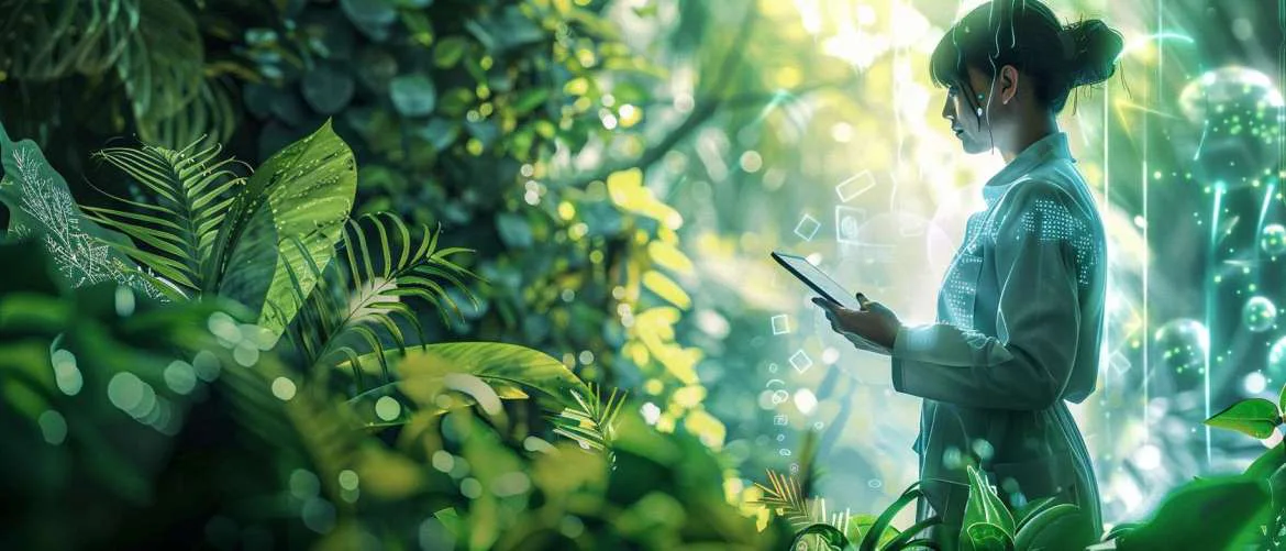 Illustration showing the connectivity between technology and sustainability in healthcare