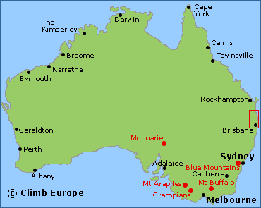 Map of the main rock climbing areas in Australia