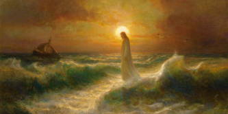 Classic painting of Jesus walking across the ocean waves, the moon glowing around His head.