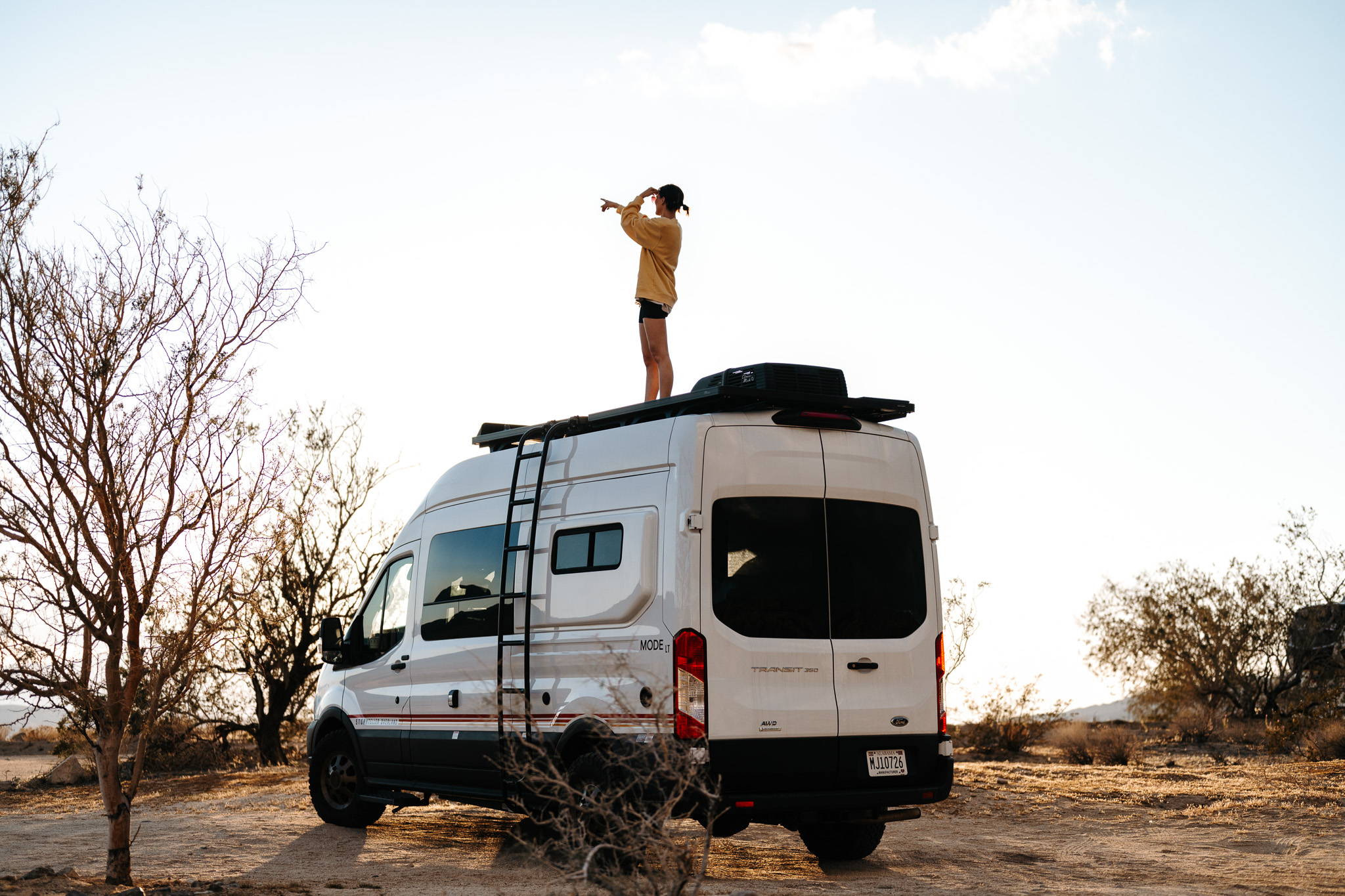 Gracie stands on a Storyteller Overland MODE LT camper van in Joshua Tree National Park.