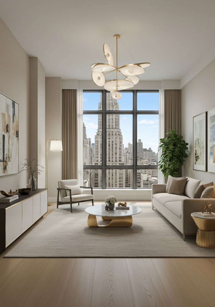 After staging: The same Gold Coast space transformed with contemporary furnishings, strategic lighting, and minimalist styling that emphasizes the room's proportions and views. The professional presentation creates an aspirational lifestyle image that commands premium offers in the competitive market.