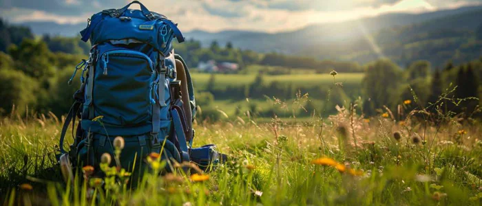 Travel nurse's eco-friendly gear with a healthcare facility in the backdrop