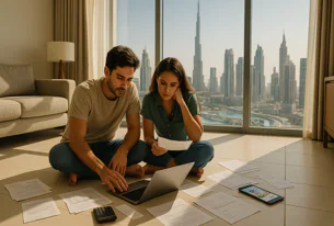 Couple sitting on floor in a modern apartment reviewing financial documents, bills, and taxes on a laptop with a spectacular city skyline view.