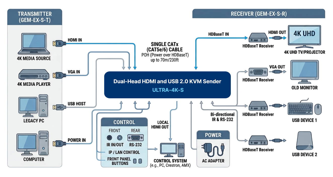 Dual-Head 4K HDMI + USB KVM Extender