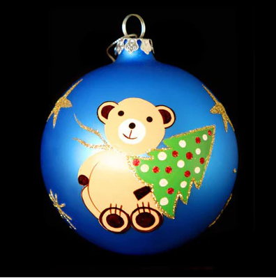 Blue Hand Painted Glass Teddy Bear Bauble 100mm