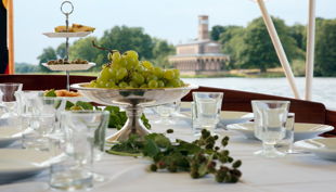 salonschiff oggesen ausblick über tisch mit weintrauben