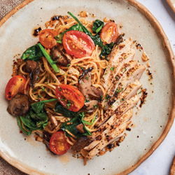 Aglio Olio Spaghetti with Poached Chicken, Baby Spinach, Mushroom and Cherry Tomato