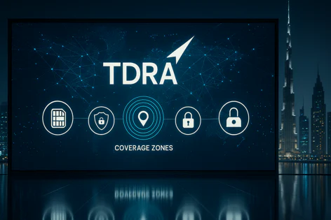 A screen shows TDRA logo, "COVERAGE ZONES," and icons: SIM card, security shields, location pin, overlooking the Dubai skyline at night.