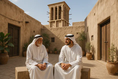 Two men in traditional white attire, one older and one younger, sit smiling in a sunny courtyard of an old Arabian village featuring a distinctive wind tower.