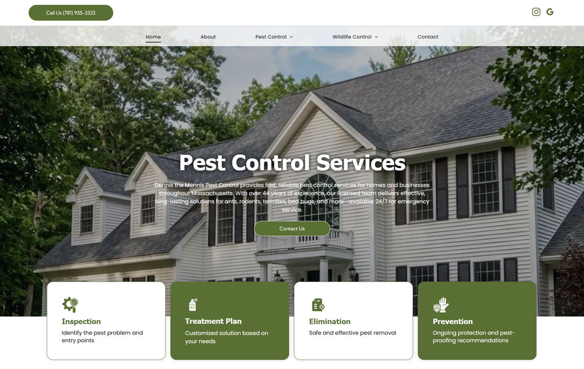 Screenshot of Dennis the Mennis Pest Control, from the pest control websites collection.
