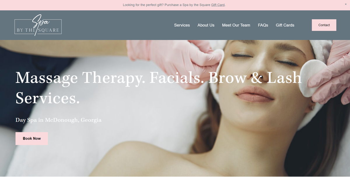 Screenshot of Spa By The Square, from the esthetician websites collection.