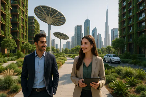 A man and woman walk through a lush urban park with buildings covered in greenery, solar tree sculptures, and a modern city skyline in the background.