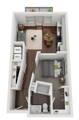 The picture is of the jr. one bedroom floorplan. When you enter into the unit there is a coat closet on the left and next to that is the washer and dryer. On the right side of the hall you can enter the bedroom that has a walk in closet as well as a full bathroom attached. If you continue down the hall you enter the kitchen and living room area.