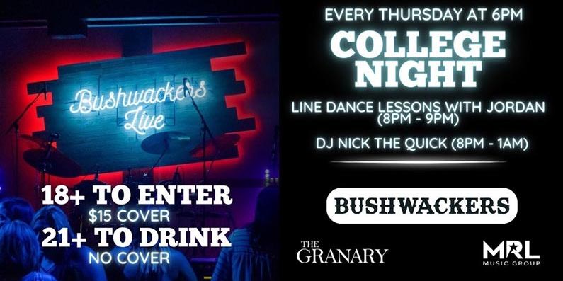 College Night At Bushwackers Every Thursday promotional image