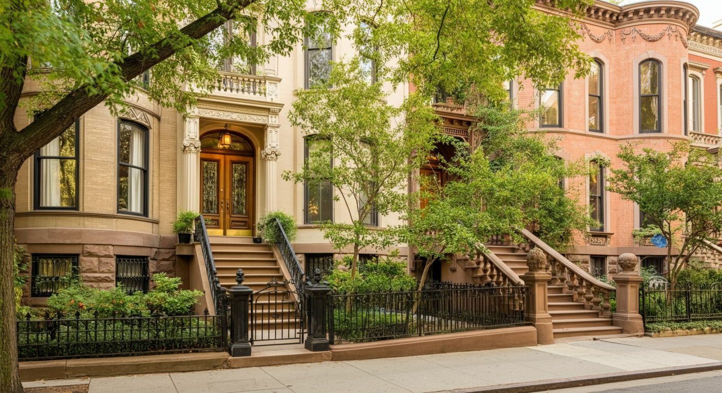 An elegant tree-lined street in Gold Coast featuring historic brownstones and Victorian mansions with ornate facades. The scene captures the neighborhood's old-world charm with wrought-iron fences, manicured gardens, and classic architectural details bathed in warm afternoon light. Mature trees create dappled shadows on the sidewalk where a couple walks their dog.