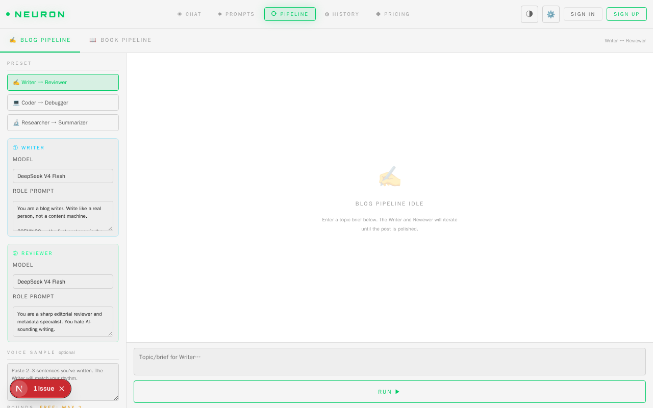 Neuron LLM multi-agent pipeline workflow from writer to reviewer