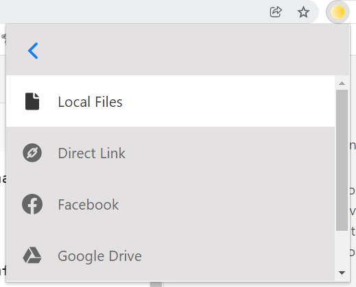 A list of upload sources in Uploadcare Chrome extension: Local files Direct link, Facebook, Google Drive