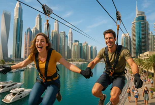 Excited man and woman enjoy a thrilling zip line adventure over a marina with a stunning backdrop of towering modern city skyscrapers under a clear sky.
