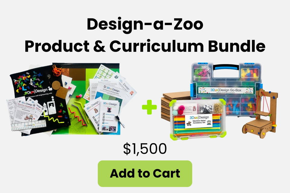 Child building a cardboard zoo model with animals and simple machines for a hands-on life science and engineering Design-a-Zoo project.