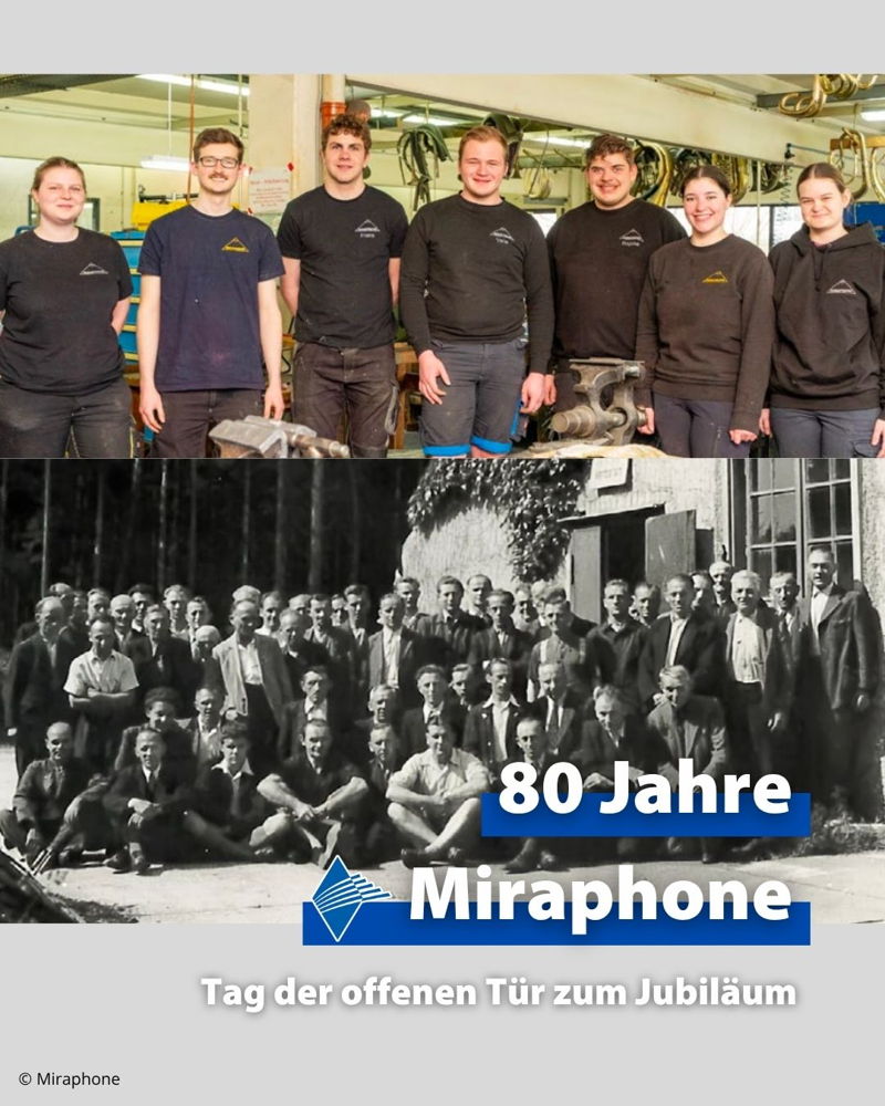 🎉 80 Jahre Miraphone – ein Grund zum Feiern! 🎉

Seit 1946 steht die Instrumentenschmiede Miraphone in Waldkraiburg für hochwertige Blechblasinstrumente, handwerkliches Können und gelebte Tradition. Was einst mit 13 Instrumentenbauern aus Graslitz unt