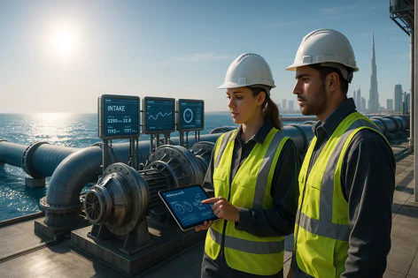 Two engineers in hard hats and safety vests analyze data on digital displays and a tablet near industrial pipes by the sea.