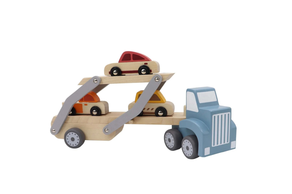 Car Carrier toy truck with movable tray and 3 wooden cars-Age: 18 M+