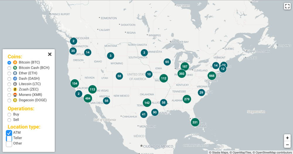 Bitcoin ATMs map in the US