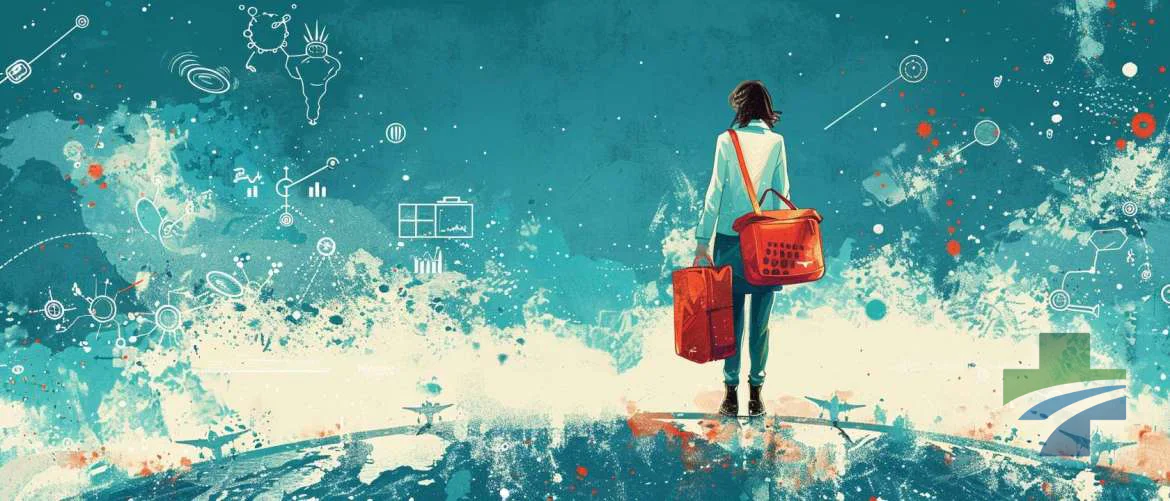 Illustration of a travel nurse standing atop a globe, symbolizing hope and diversity.