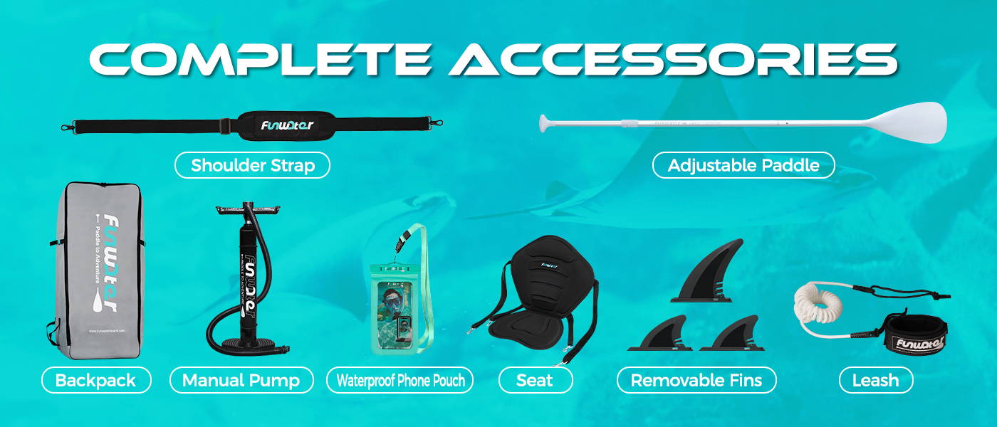 inflatable SUP board comes with complete accessories: backpack, pump for paddle board, paddle board paddle, fins and kayaks seat