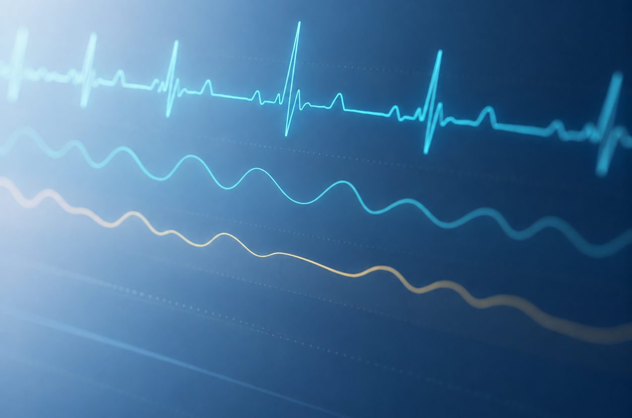 Vital-signs monitor tracing ECG, pulse and respiration waveforms