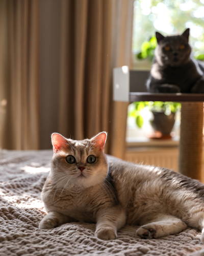 Hauskatze auf Bett