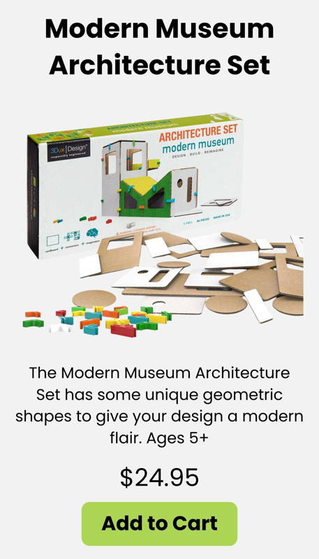 A hands-on architecture and design kit with unique geometric shapes for creative building. Kids ages 5+ explore STEM art and 3D modeling as they construct their own modern museum. Great for home learning makerspace projects and imaginative play.