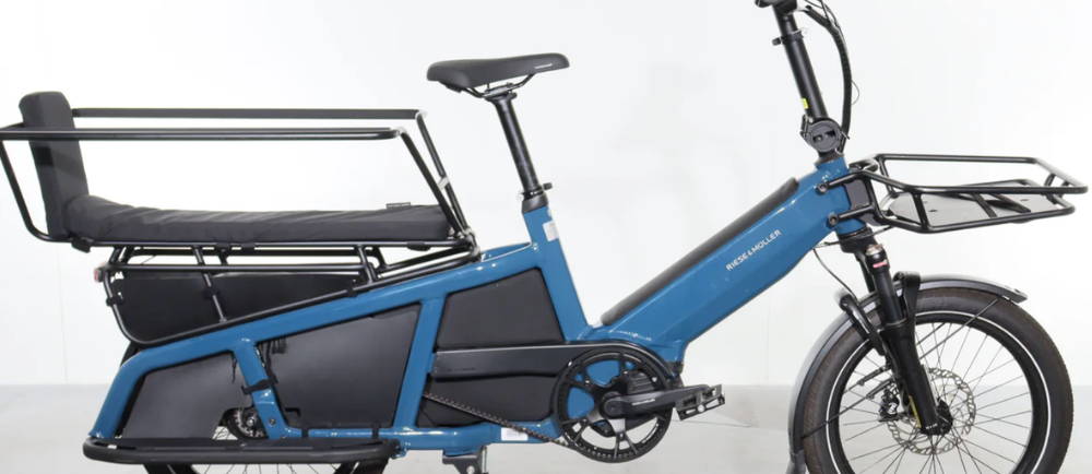 a blue Riese & Müller Multitinker electric cargo bike