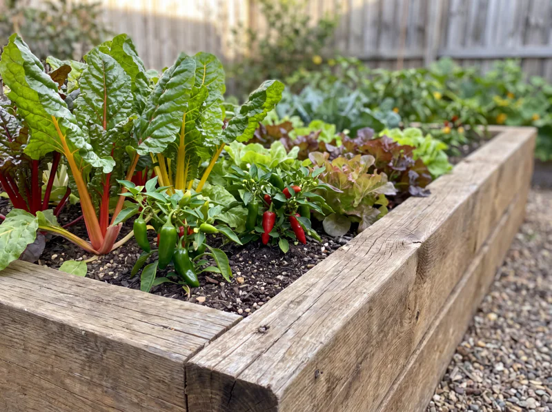 A raised garden bed with wooden sides growing a variety of colorful garden vegetables