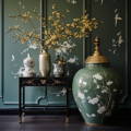 Chinoiserie inspired home decor with green tones and statement piece vase