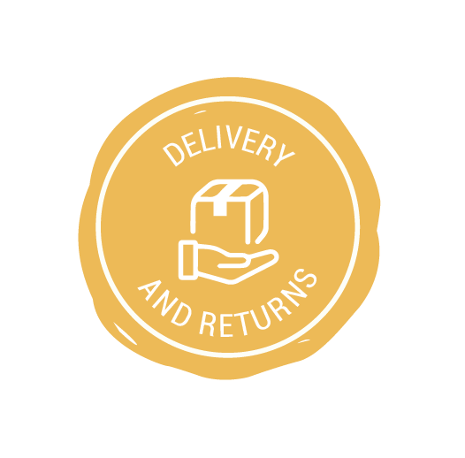 Image of a yellow, circular Ducky Zebra icon with the text: 'Delivery and returns'
