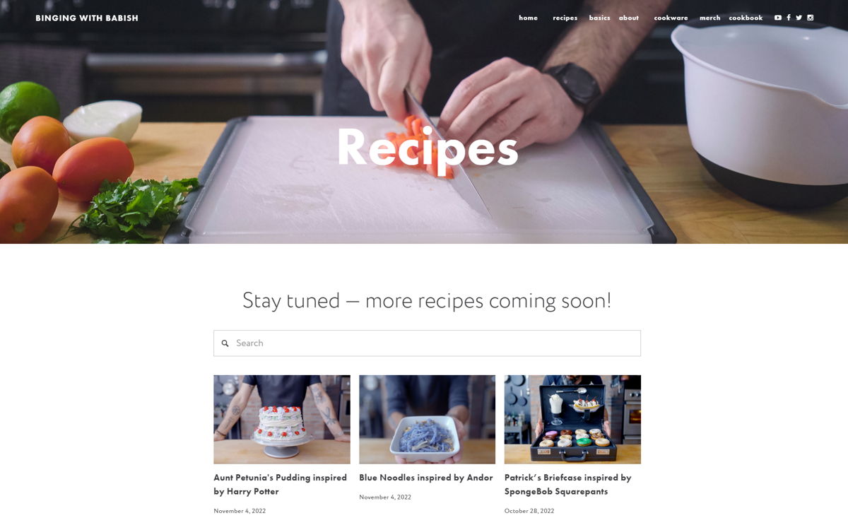 Screenshot of Recipes — Binging With Babish, from the squarespace blog examples collection.