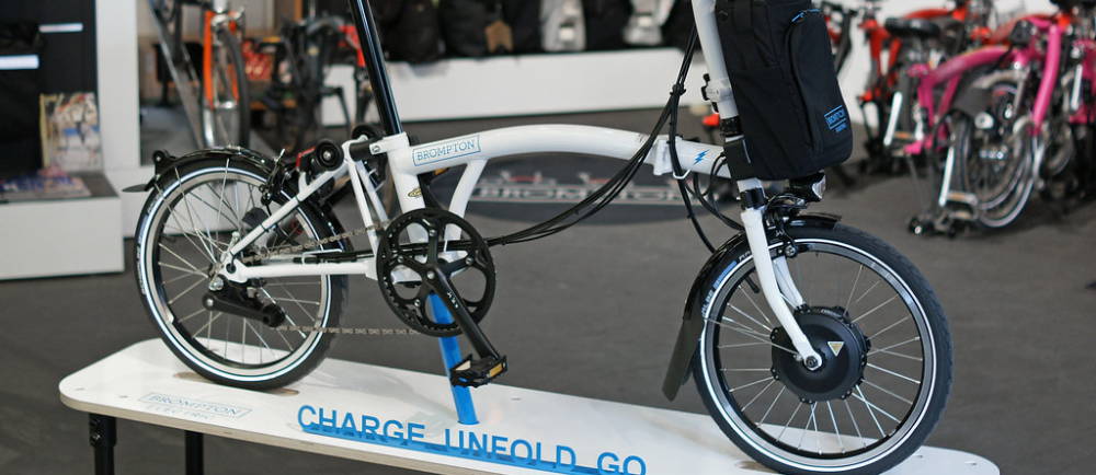 Brompton folding e-Bike on display in bike shop