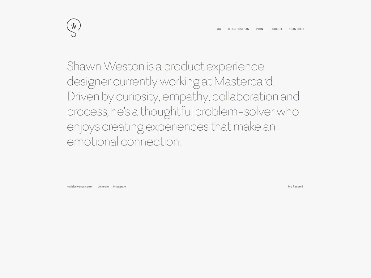 Screenshot of Shawn Weston, from the squarespace portfolio examples collection.