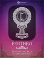 Perthro Rune Meaning with design by Occultify. Rune of protection, safety and defense. Purple and pink background with lightly overlayed runes and ornate border.