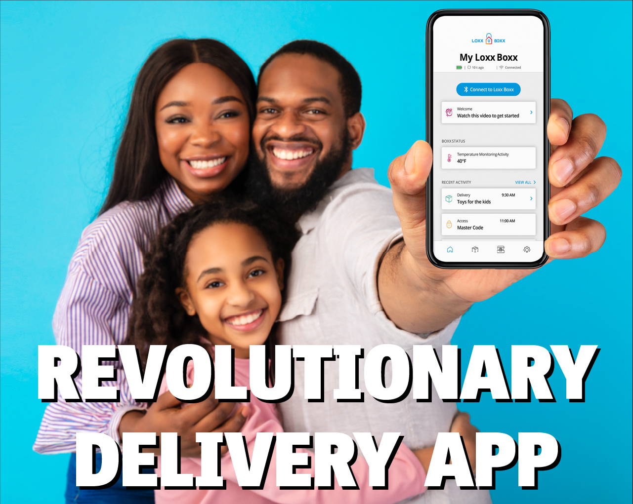 young family showing the revolutionary delivery app on their phone as they use their subscription plan to loxxboxx to protect their deliveries from porch pirates