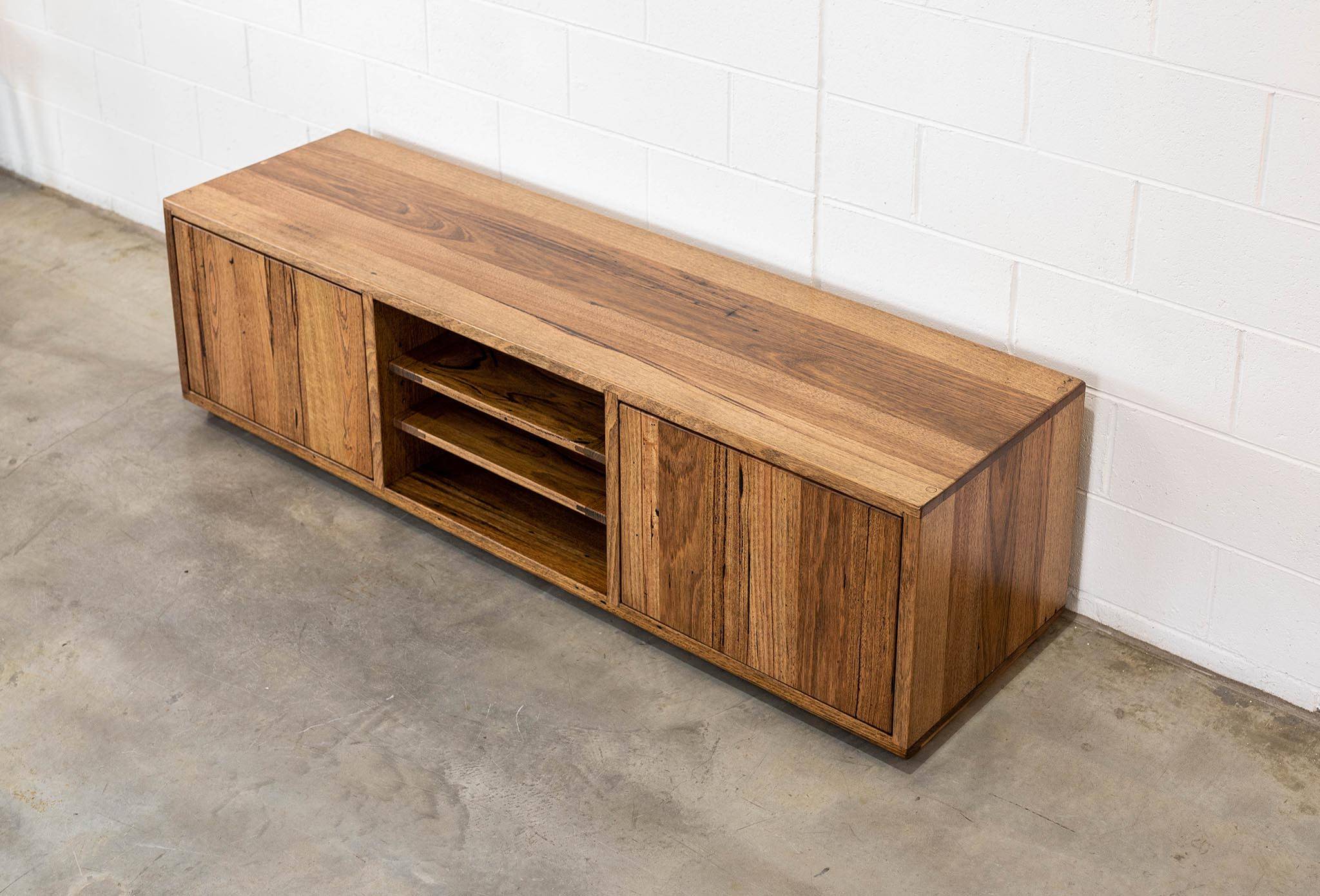 Recycled Timber Entertainment Unit Stringy Bark Push open Doors and Adjustable Shelves